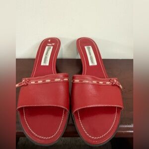 Etienne Aigner Red Leather Slide Sandals with white stitching in size 8